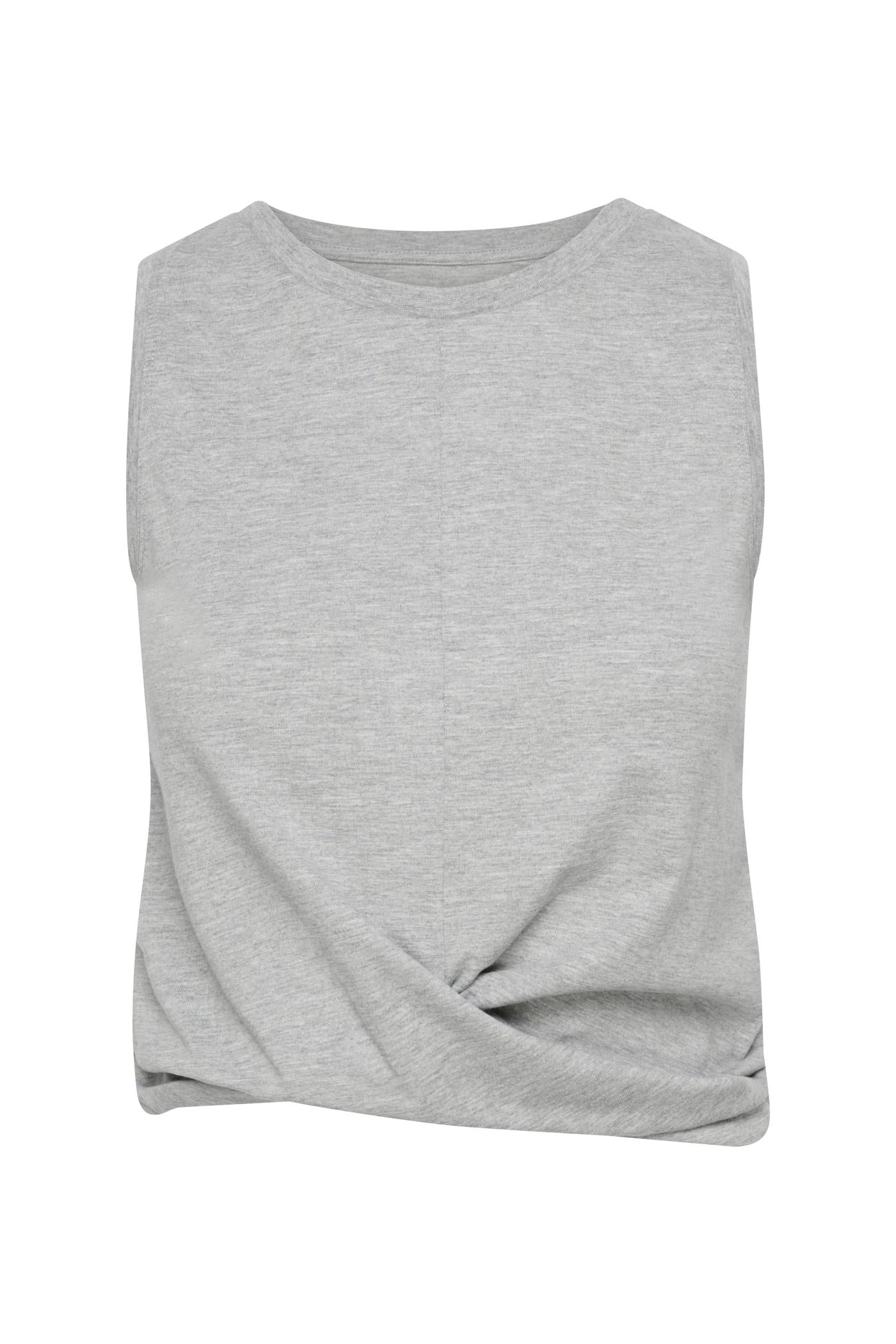 Hey Honey gray sleeveless crop top with a twisted knot detail at the hem.